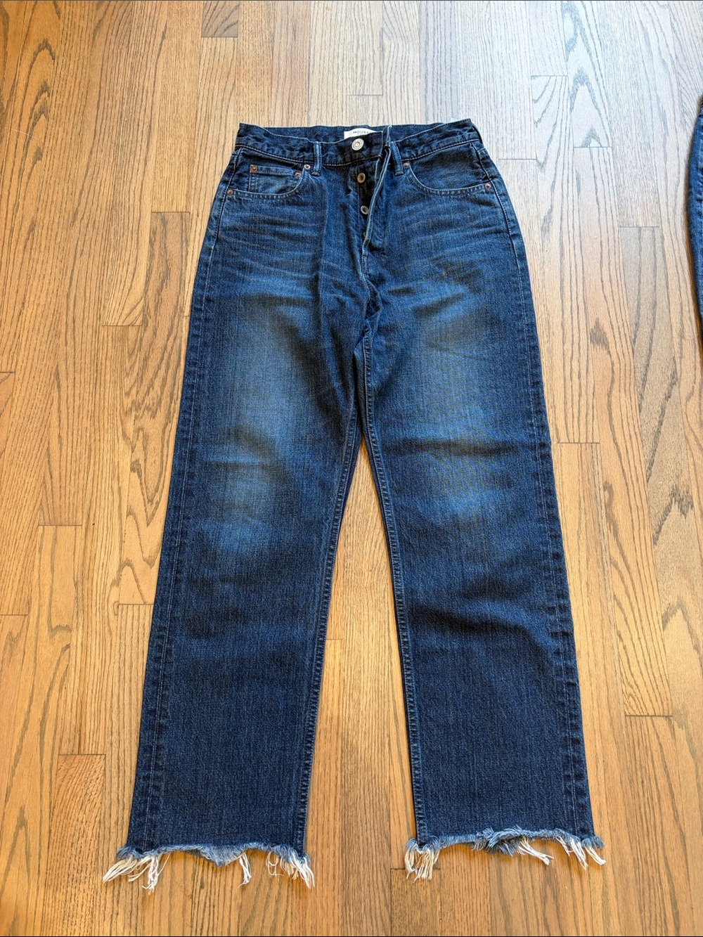 Moussy Men's Dark Blue Straight-Leg Jeans with Frayed Hem